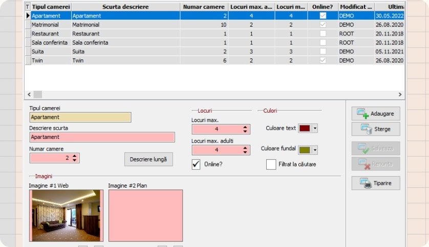 administrare tipuri camere, soft hotelier vilicotel